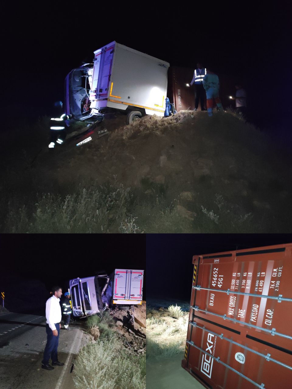 حادثه واژگونی تریلی و تصادف با وانت نیسان یخچال دار