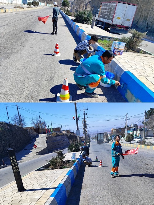 رنگ آمیزی جداول آیلند بلوار امام رضا(ع) شهر مزداوند در راستای استقبال از بهار ۱۴۰۴